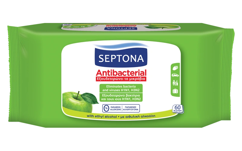 Septona антибактериални мокри кърпи 60 бр зелена ябълка | Septona antibacterial wet wipes 60 pcs green apple